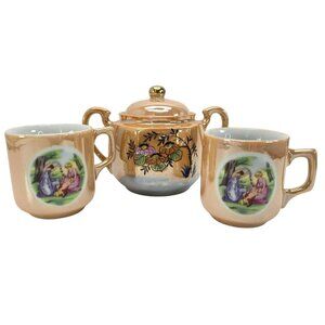 Vintage Japanese Lusterware Tea Set With Floral & Laurel Leaf Farm Scene JE111